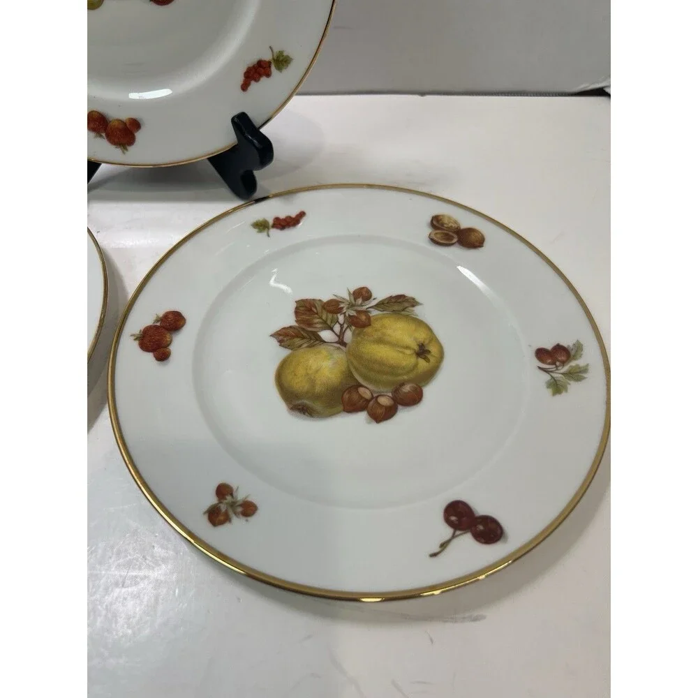 Vintage JKW Bavaria Germany Porcelain Set of 3 Fruit Design Plates Gold Rim